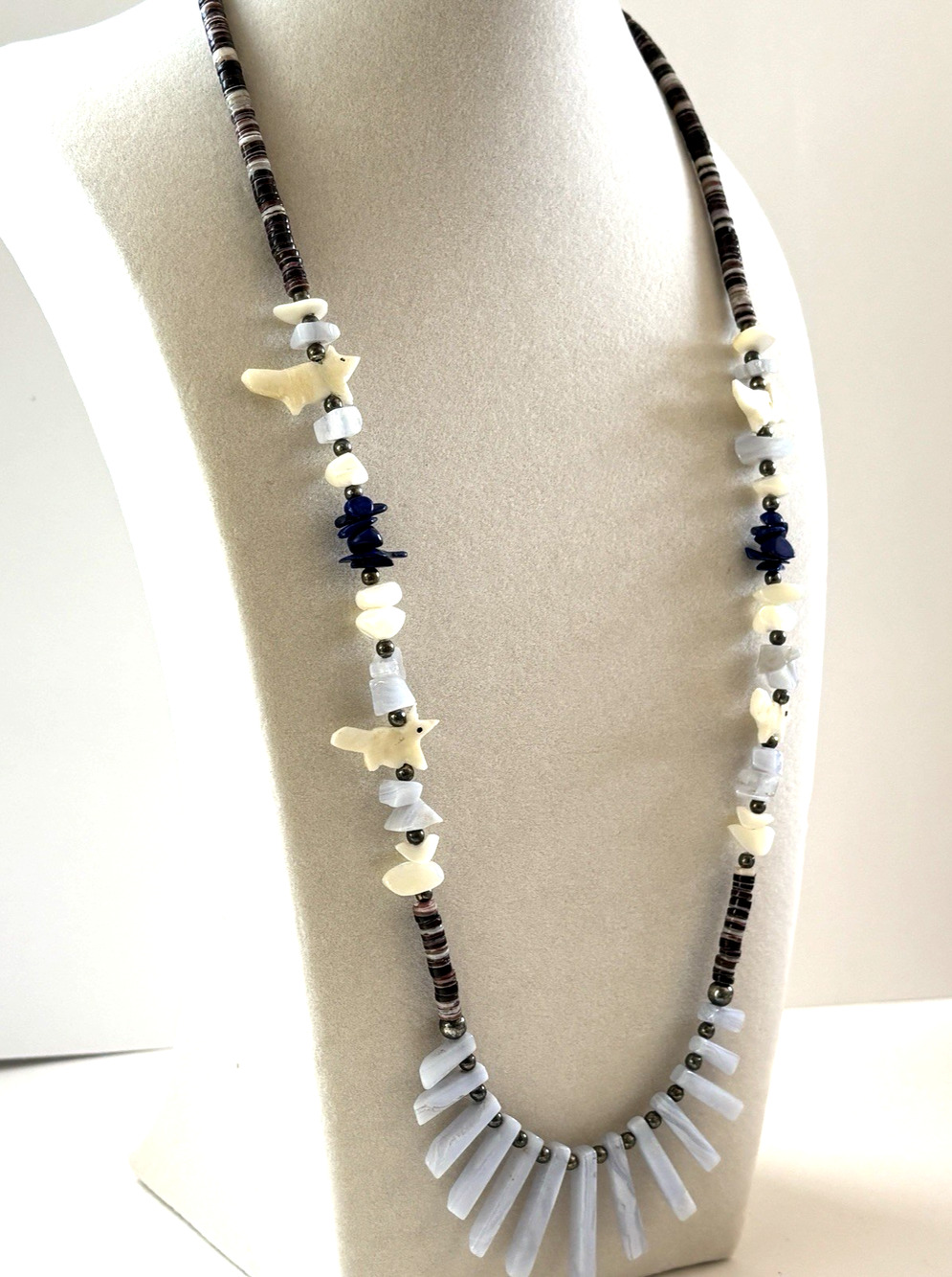 Vtg Fetish Heishi Necklace 25" Artisan Blue Lace Agate Shell Animal